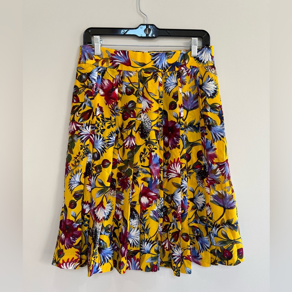 J. Crew Double-Pleated Yellow Floral Silk A-Line Midi Skirt, 6